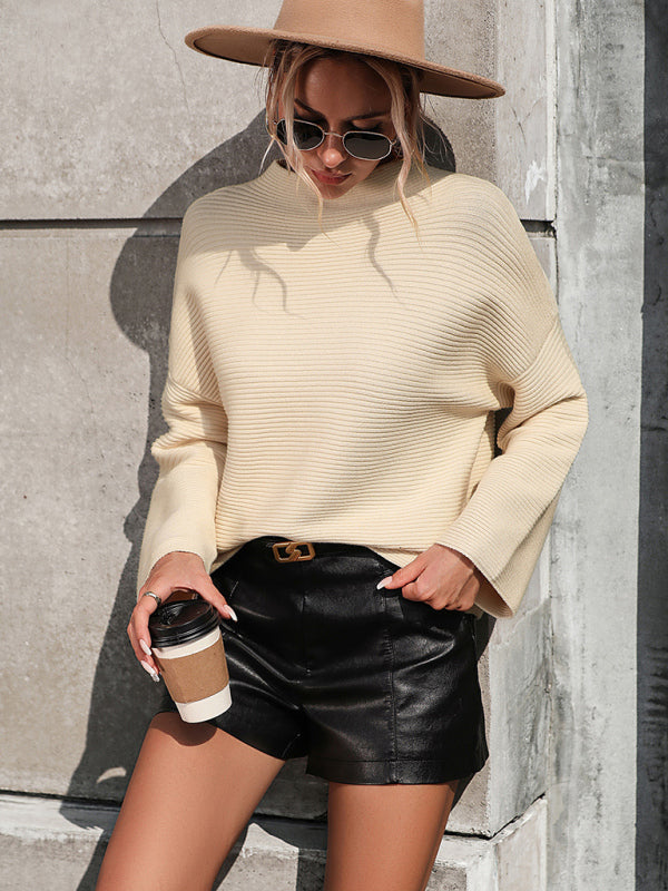 Loose Knitted Cropped Sleeve Solid Color Sweater