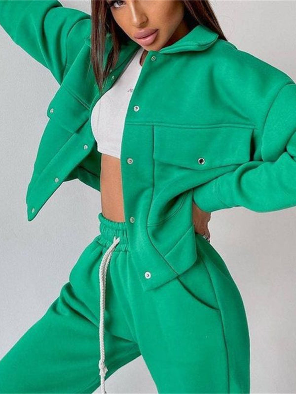 Solid color casual trousers long-sleeved jacket sweater two-piece set