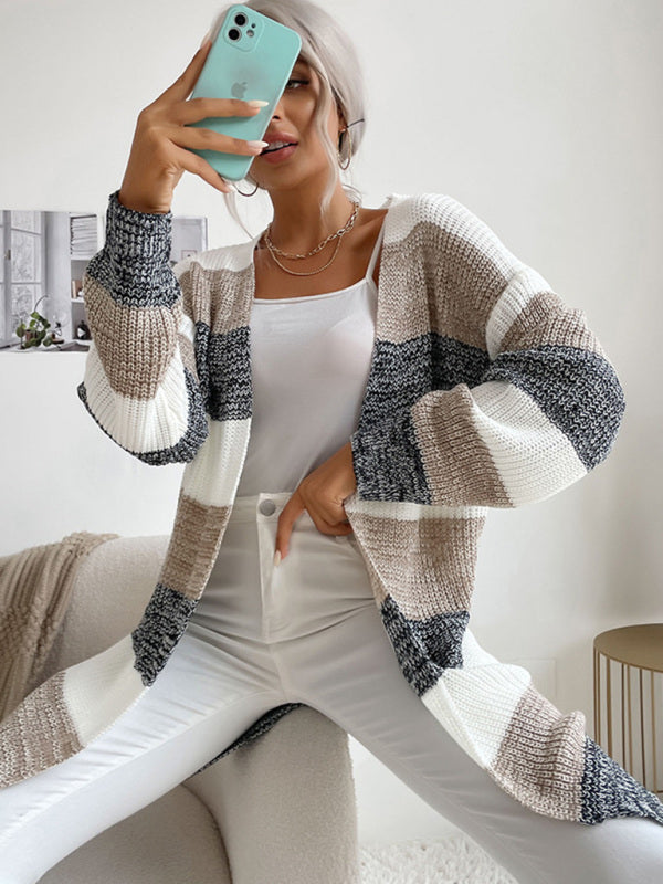 Women's Long Buttonless Colorblock Sweater Cardigan