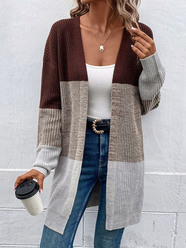 Women's long-sleeved color-blocking long sweater cardigan