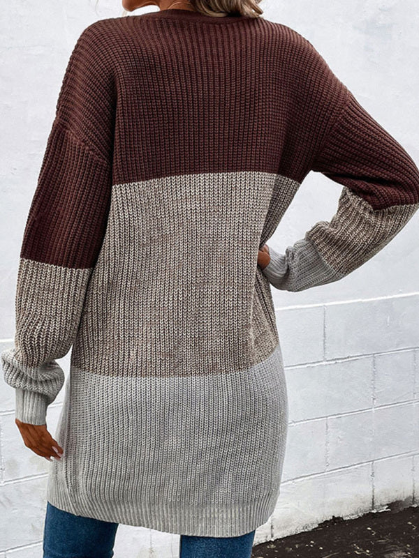 Women's long-sleeved color-blocking long sweater cardigan