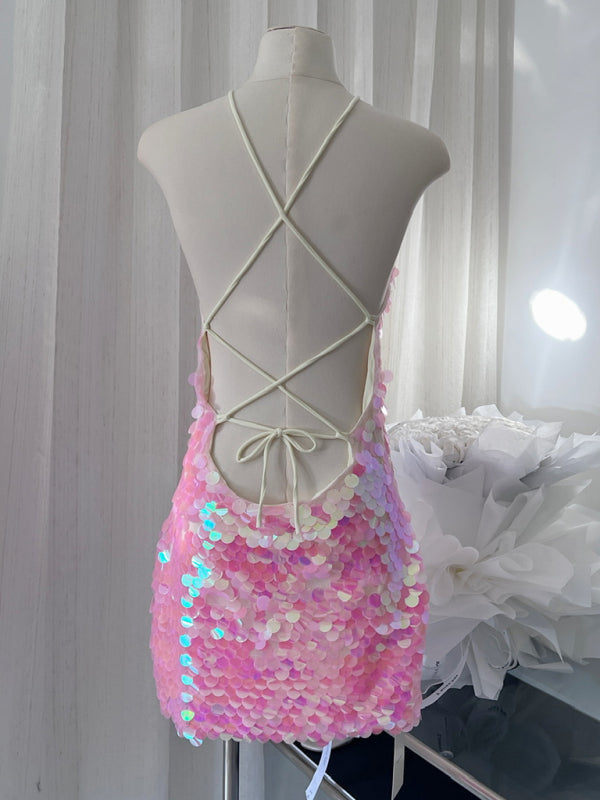 Sequin Backless Design Slim Halter Neck Package Dress