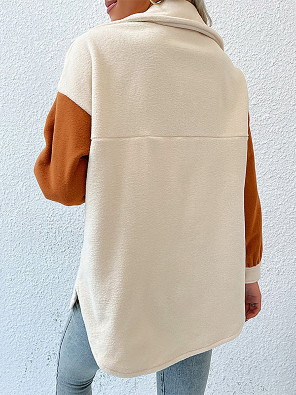 Women's lapel color-block long-sleeved polar fleece jacket