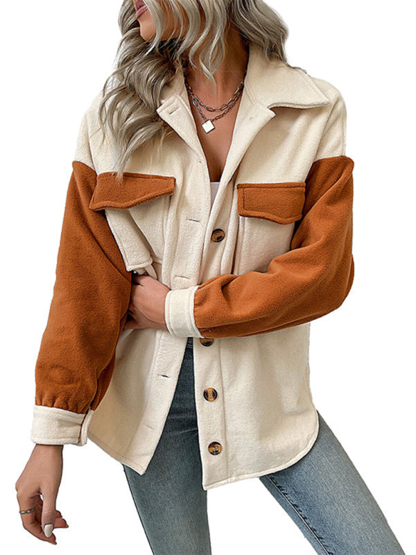 Women's lapel color-block long-sleeved polar fleece jacket