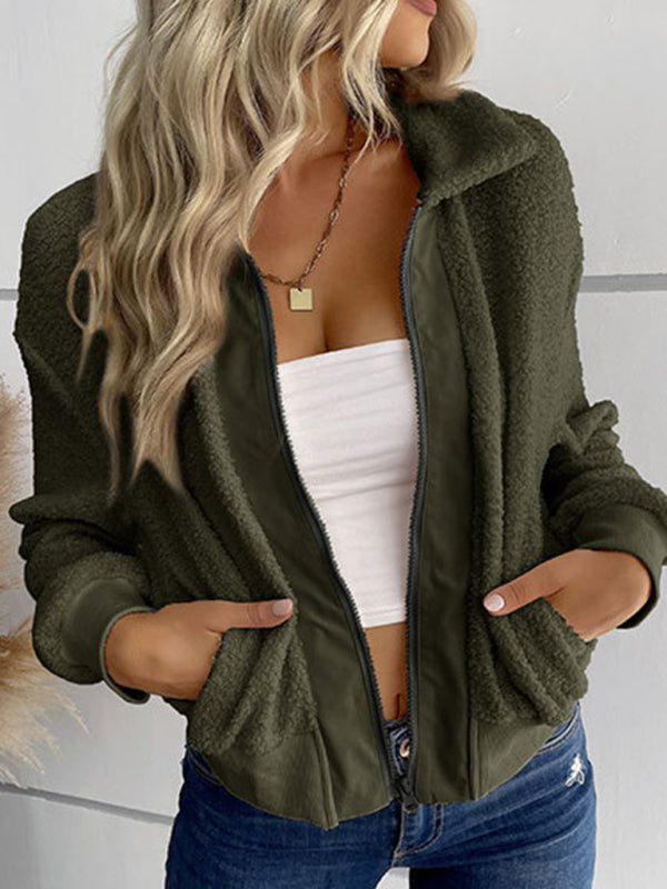 Women's solid color long-sleeved lapel sherpa jacket
