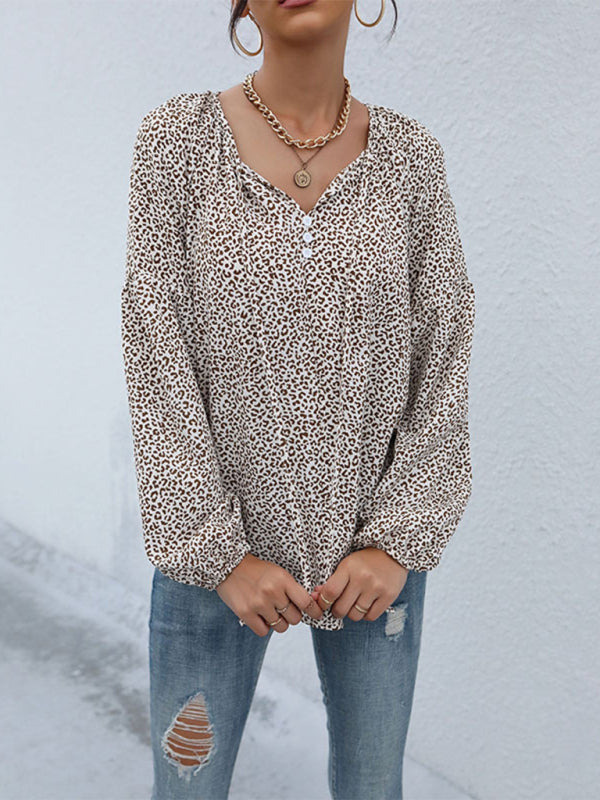 Long-sleeved drawstring leopard v-neck shirt