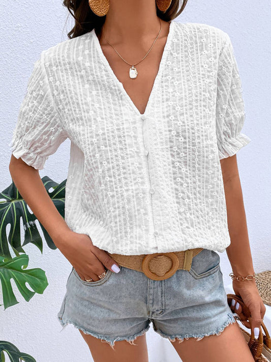 Ladies Lace Puff Sleeve Button Up Short Sleeve Lace Top