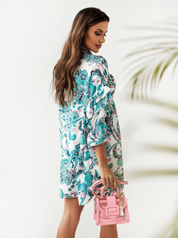 Pleated stand-up collar ruffled print dress