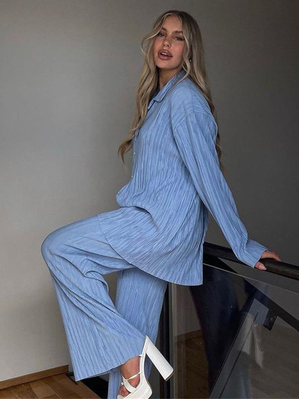 Women's Pleated Shirt Straight Trousers Loose Drape Thin Two-piece Set