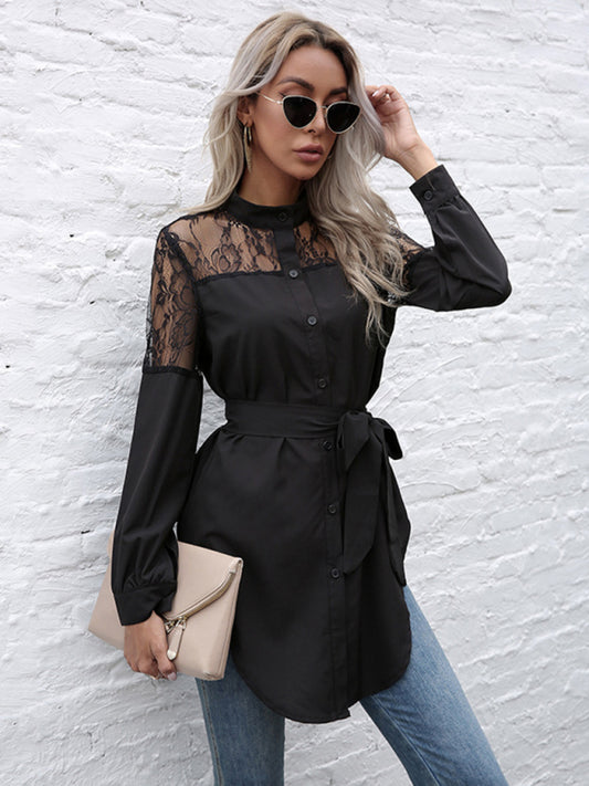 Long round neck, long sleeves waisted black patchwork lace shirt