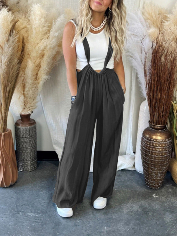 Solid color all-match lace-up loose double side pocket wide-leg trousers