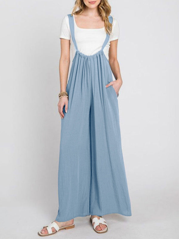 Solid color all-match lace-up loose double side pocket wide-leg trousers