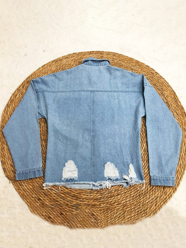 Ripped mid-length denim style washed long sleeve shirt