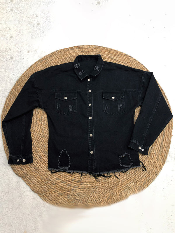 Ripped mid-length denim style washed long sleeve shirt