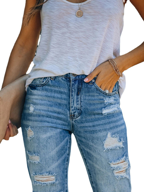 Ripped skinny cropped straight leg washed casual jeans