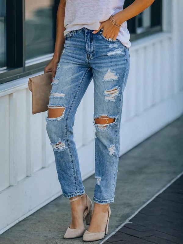 Ripped skinny cropped straight leg washed casual jeans