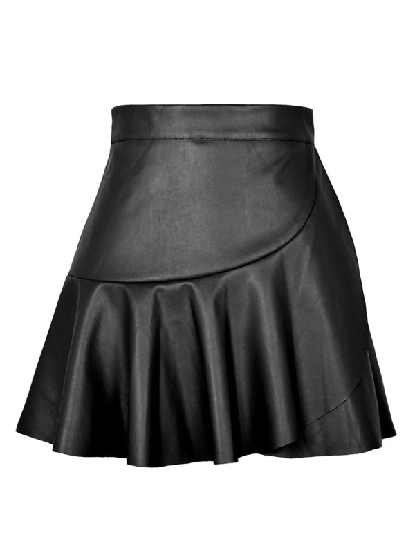 High Waist Ruffle Irregular PU Skirt