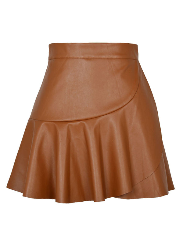 High Waist Ruffle Irregular PU Skirt