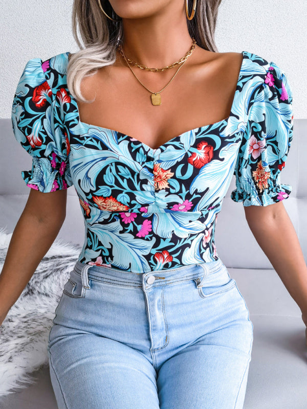 Women's Square Neck Floral Chiffon Shirt Top