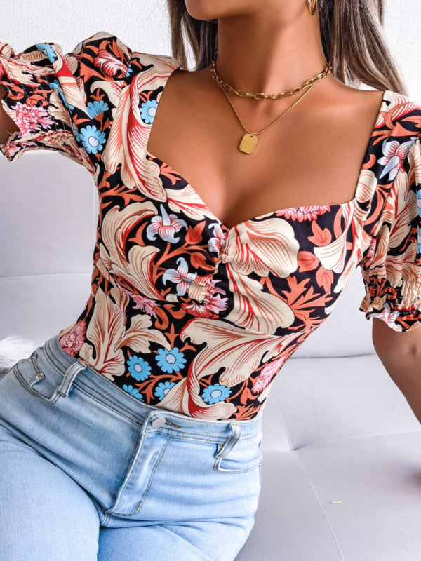 Women's Square Neck Floral Chiffon Shirt Top