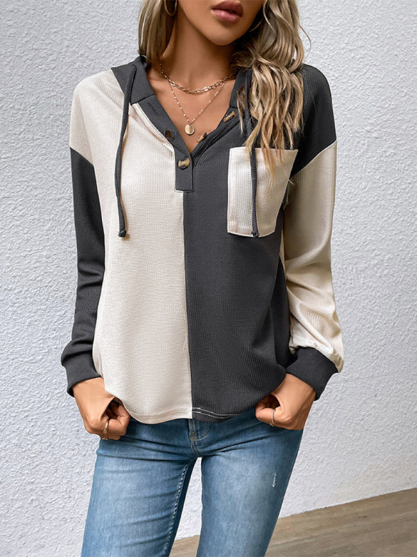 Women's long-sleeved contrast color hooded sweater