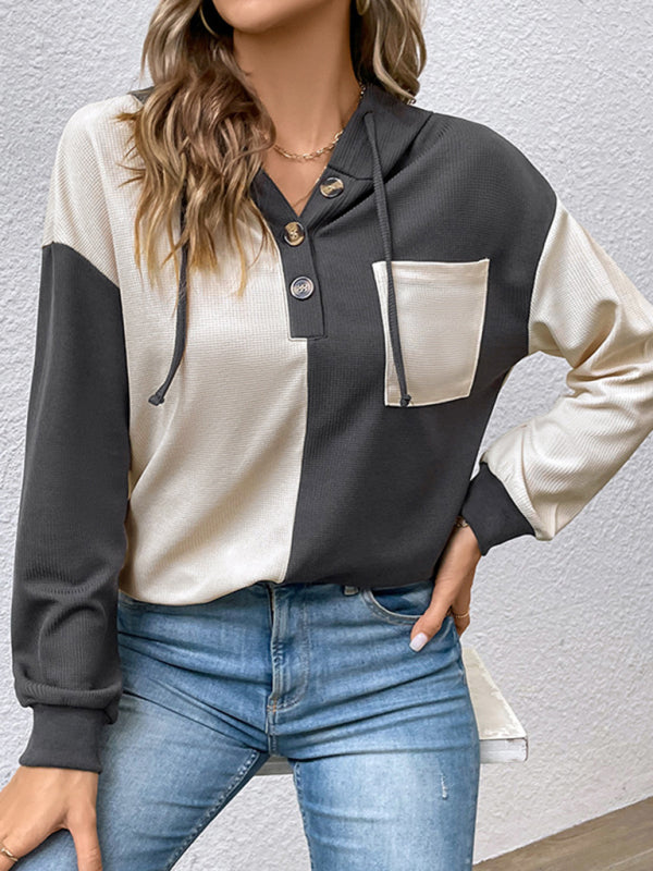 नई महिलाओं की लंबी बाजू वाला कंट्रास्ट रंग का हुड वाला स्वेटर