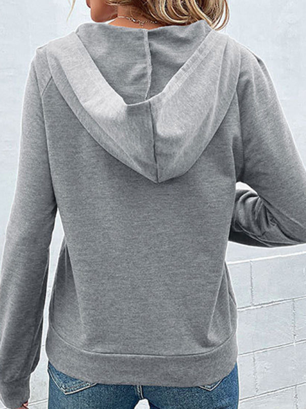 Women's long-sleeved hooded open button collar solid color sweater