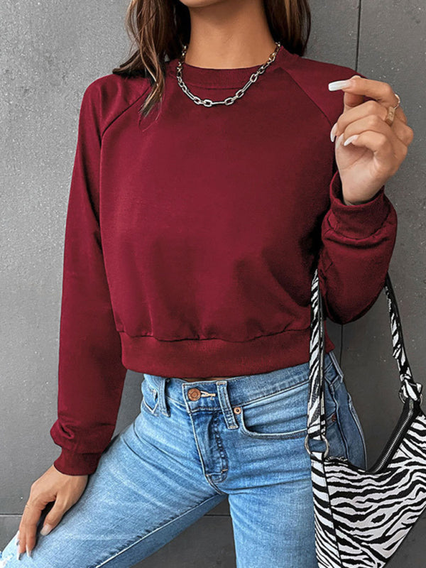 Women's long-sleeved round neck solid color sweatshirt