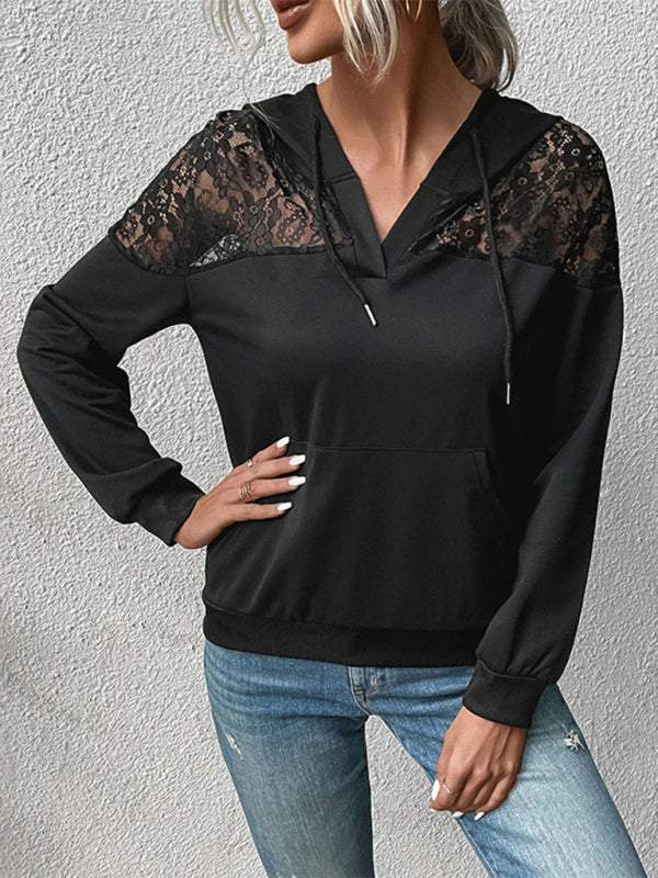 नई लंबी बाजू वाली काली फीता सिलाई वाली महिलाओं का हुड वाला स्वेटर