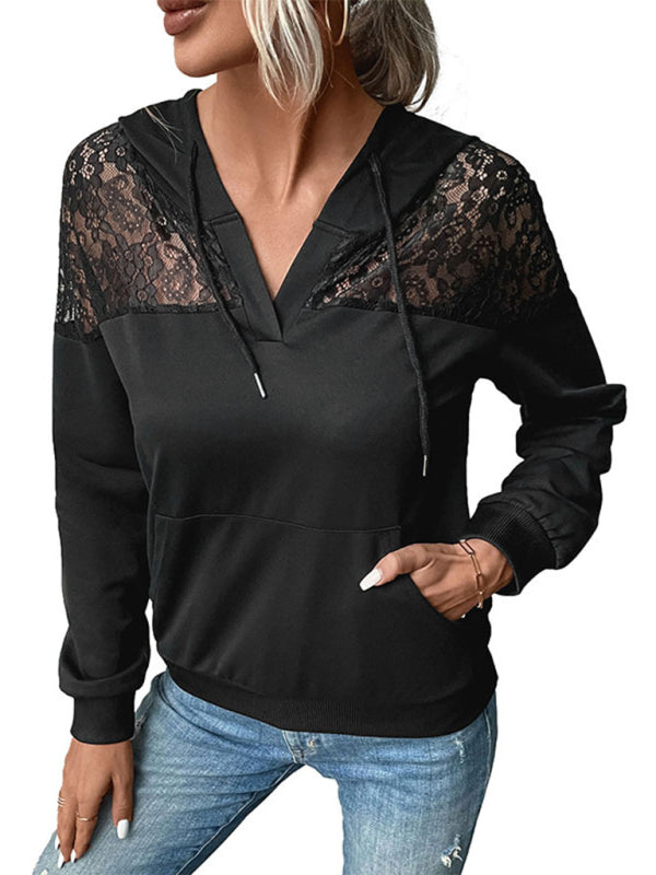 Long-sleeved black lace stitching women's hoodie