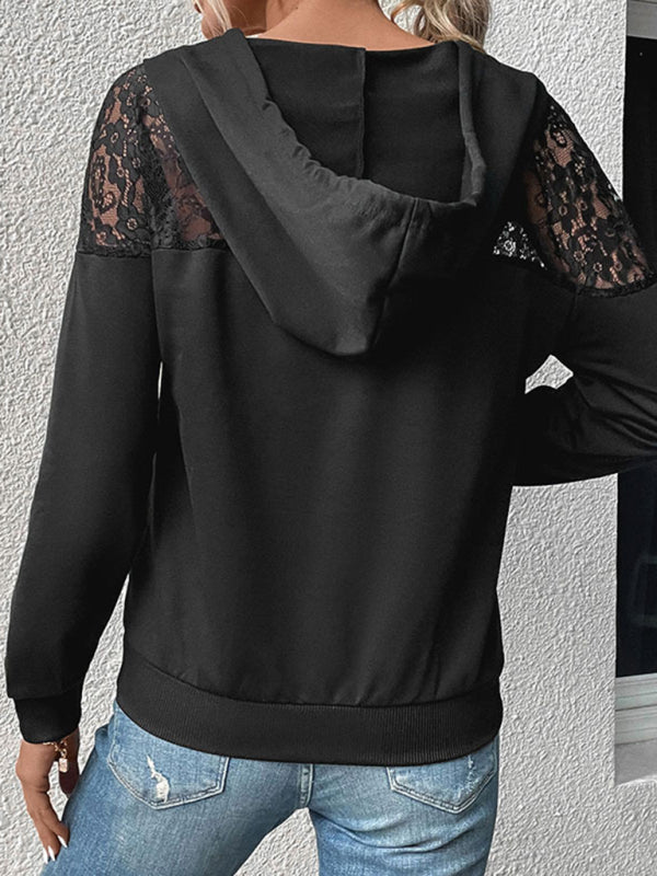 नई लंबी बाजू वाली काली फीता सिलाई वाली महिलाओं का हुड वाला स्वेटर