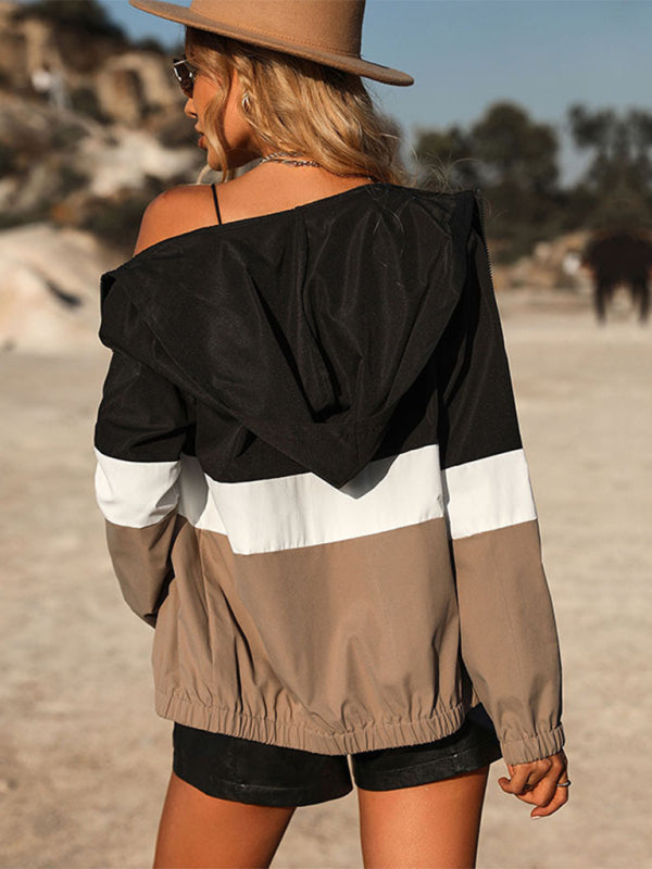 Women's long-sleeved hooded short color block windbreaker