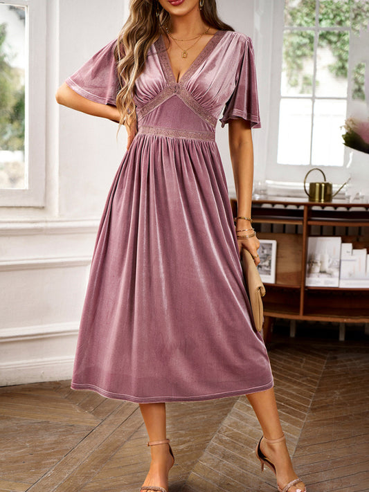 Elegant V-neck short-sleeved velvet dress