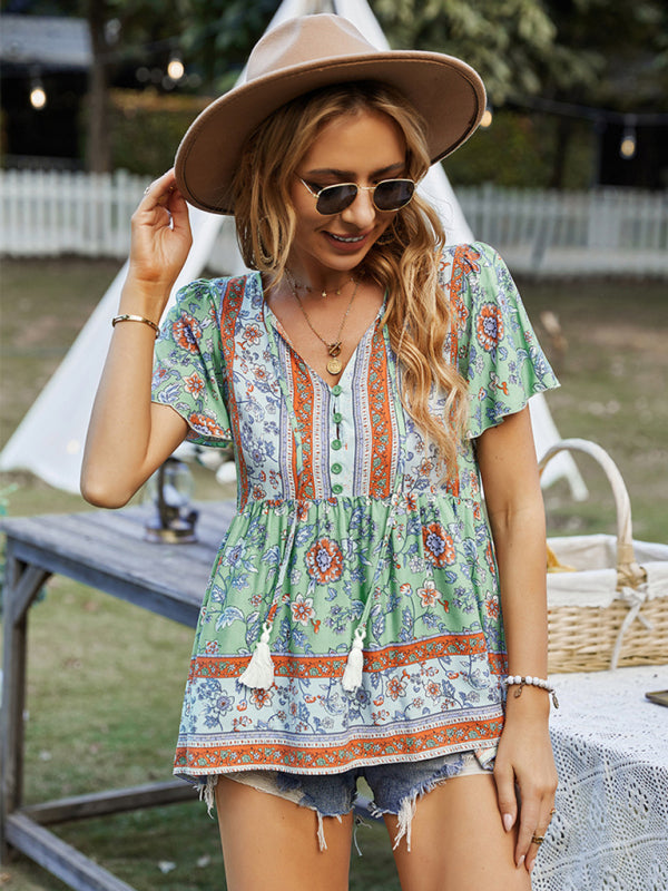 Bohemian Print Casual Resort Style Short Sleeve Ladies Top