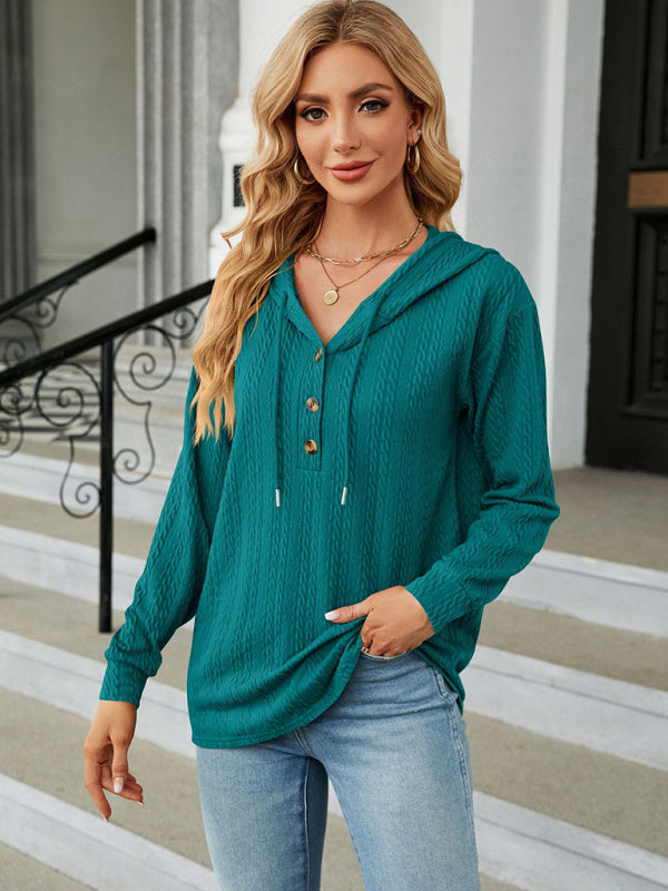 Women's Hooded Button Loose Long Sleeve Sweatshirt
