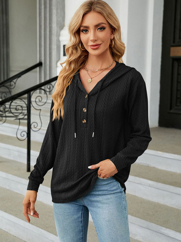 महिलाओं की हुड वाली बटन वाली ढीली लंबी आस्तीन वाली स्वेटशर्ट