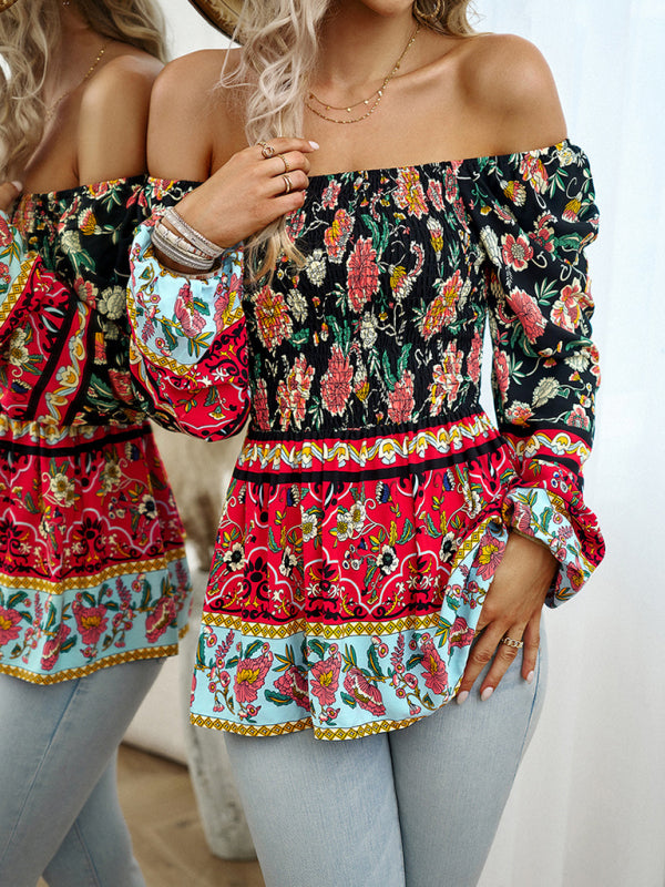 Women's Floral Square Neck Long Sleeve Top