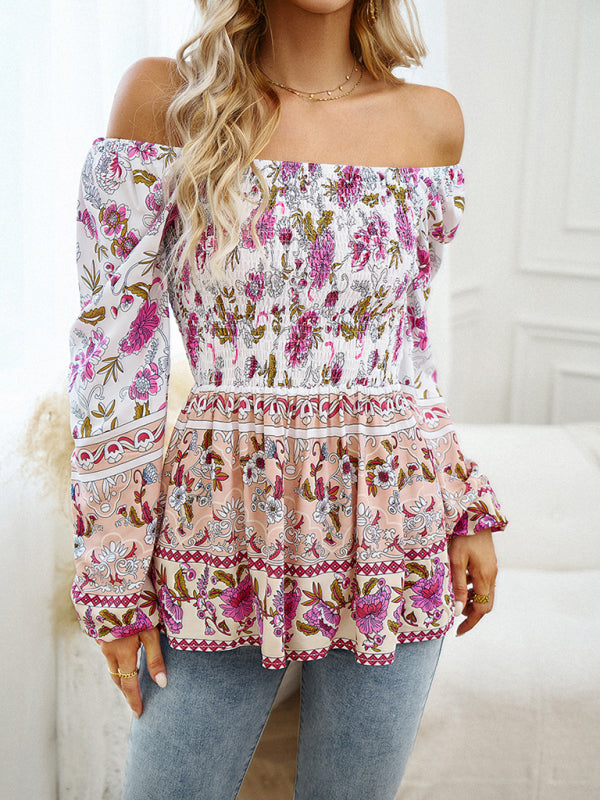 Women's Floral Square Neck Long Sleeve Top