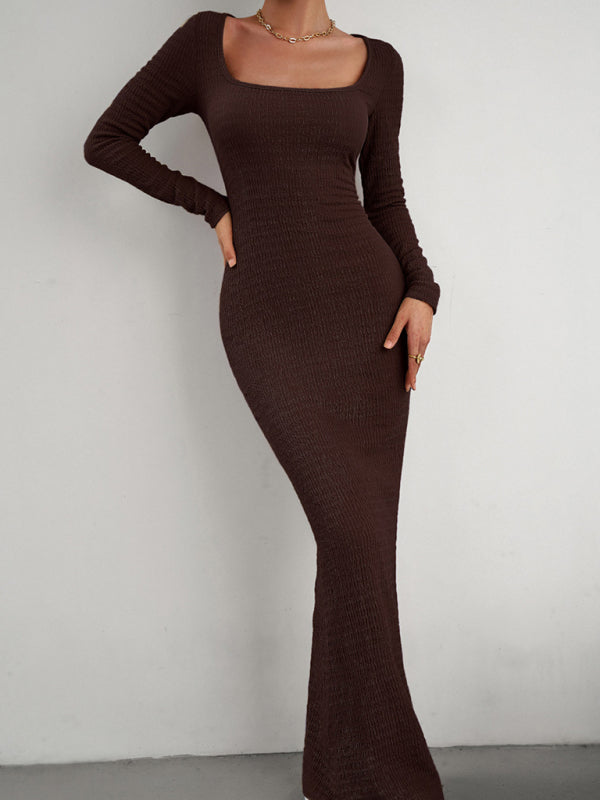 Ladies Fit Square Neck Long Sleeve Knitted Dress