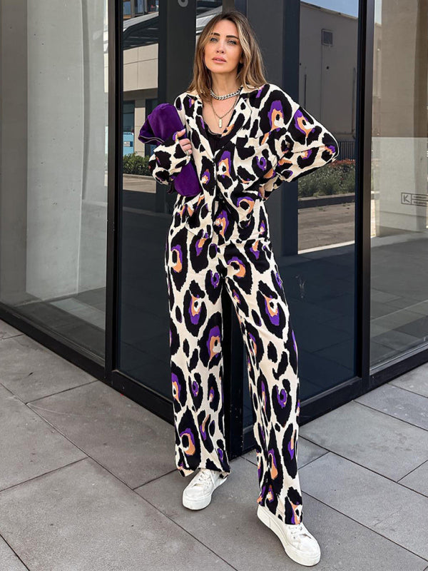 फैशन कैज़ुअल सूट प्रिंटेड सूट कॉलर क्रॉप्ड लंबी आस्तीन वाला टॉप हाई वेस्ट वाइड लेग पैंट सेट