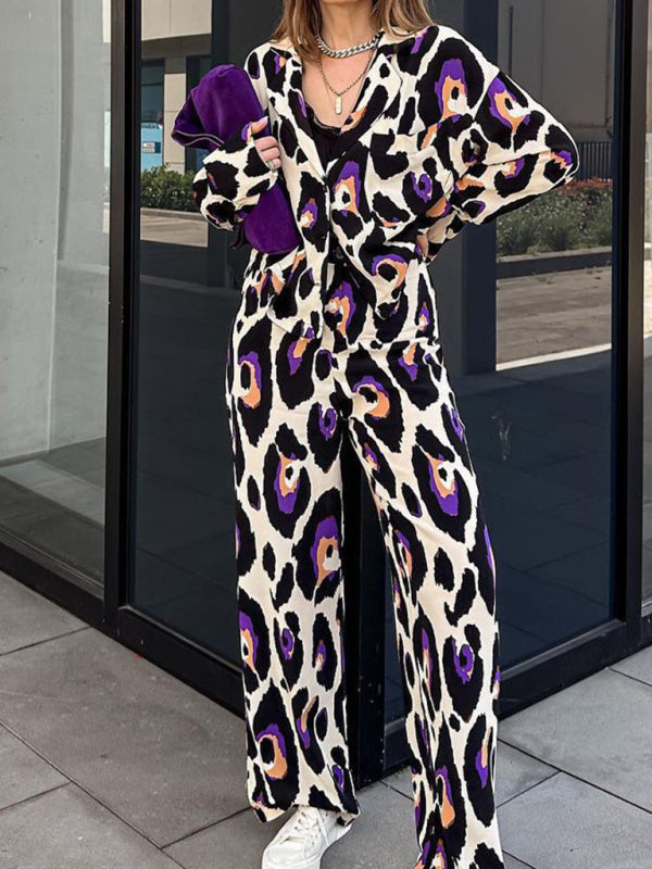 फैशन कैज़ुअल सूट प्रिंटेड सूट कॉलर क्रॉप्ड लंबी आस्तीन वाला टॉप हाई वेस्ट वाइड लेग पैंट सेट