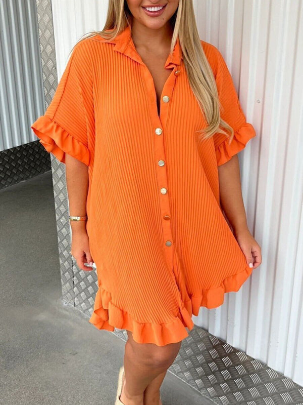 Solid Color Ruffle Sleeve Irregular Shirt Dress