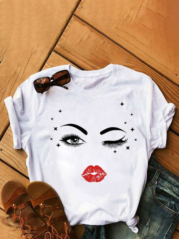Women's Casual Lip Print Short Sleeve T-Shirt