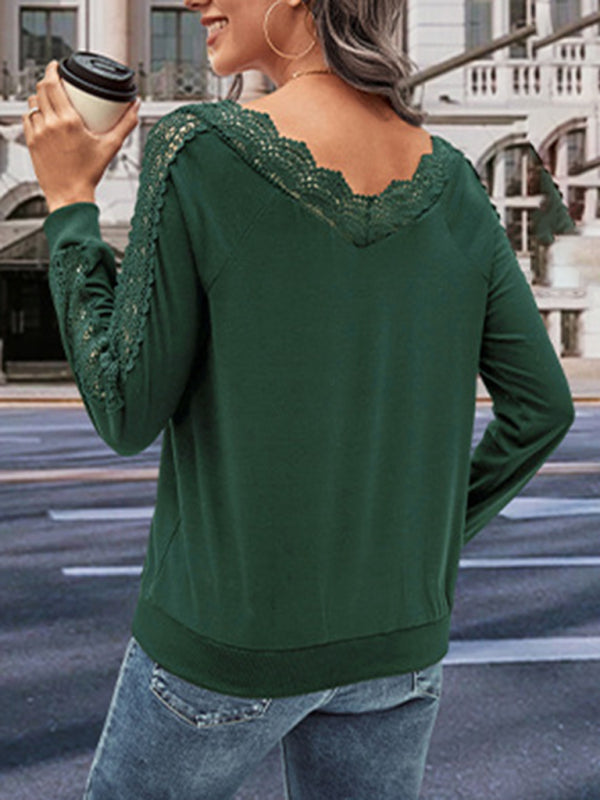 Women's solid color v-neck long-sleeved top