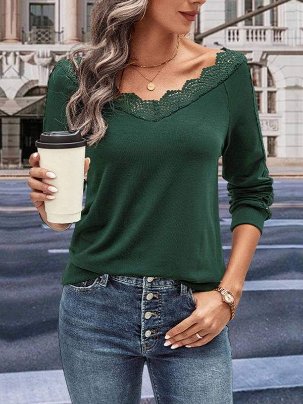Women's solid color v-neck long-sleeved top