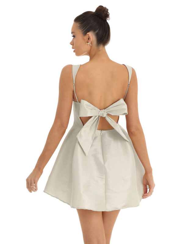 Square Neck Waist Bow Knot Sling Swing Dress