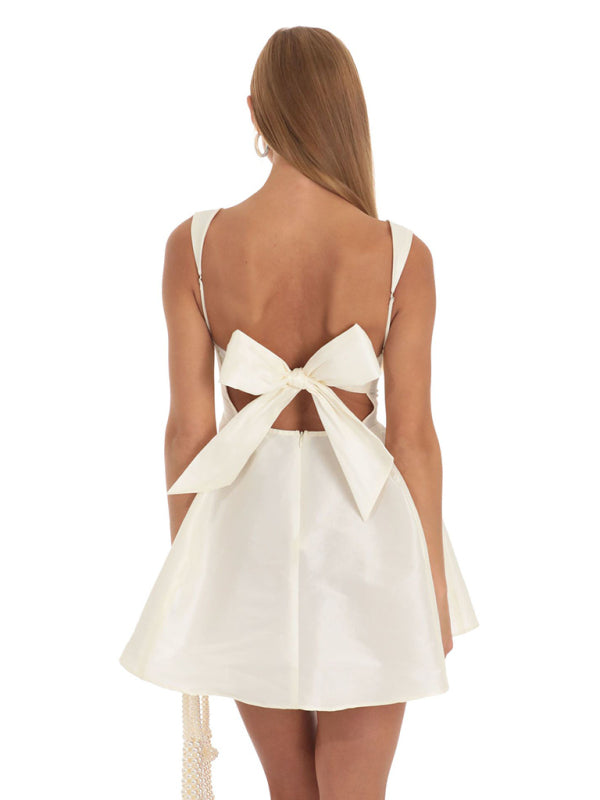 Square Neck Waist Bow Knot Sling Swing Dress