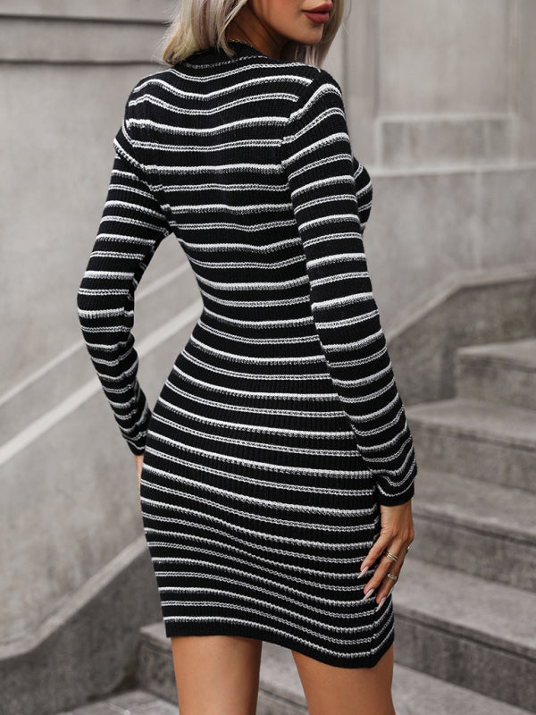 Women's Intercolor Striped Pullover Mid Length Sweater Dress