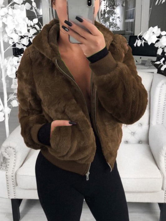 Furry long-sleeved hooded plush top jacket