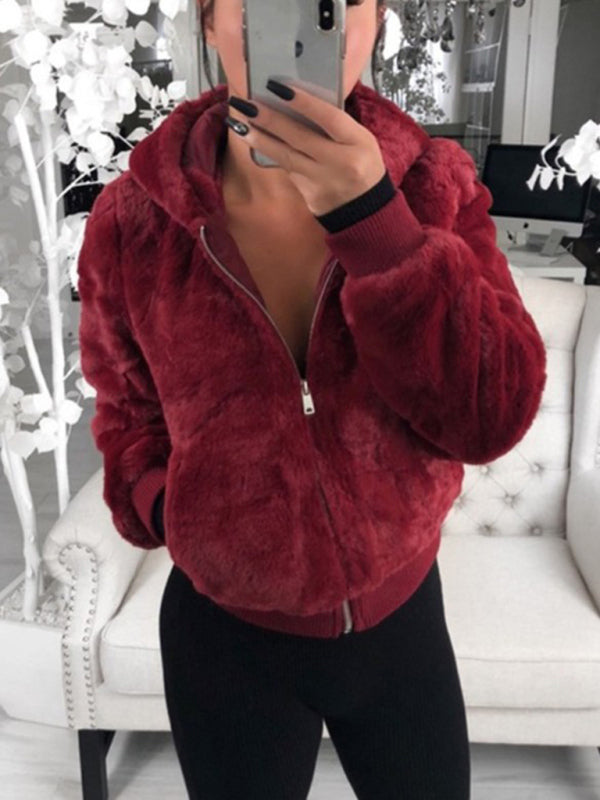 Furry long-sleeved hooded plush top jacket